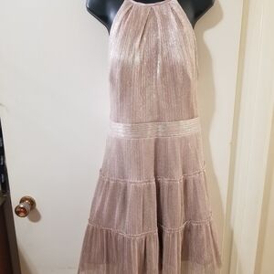 Xscape Metallic Tiered Halter Dress Champagne Pink Size 14